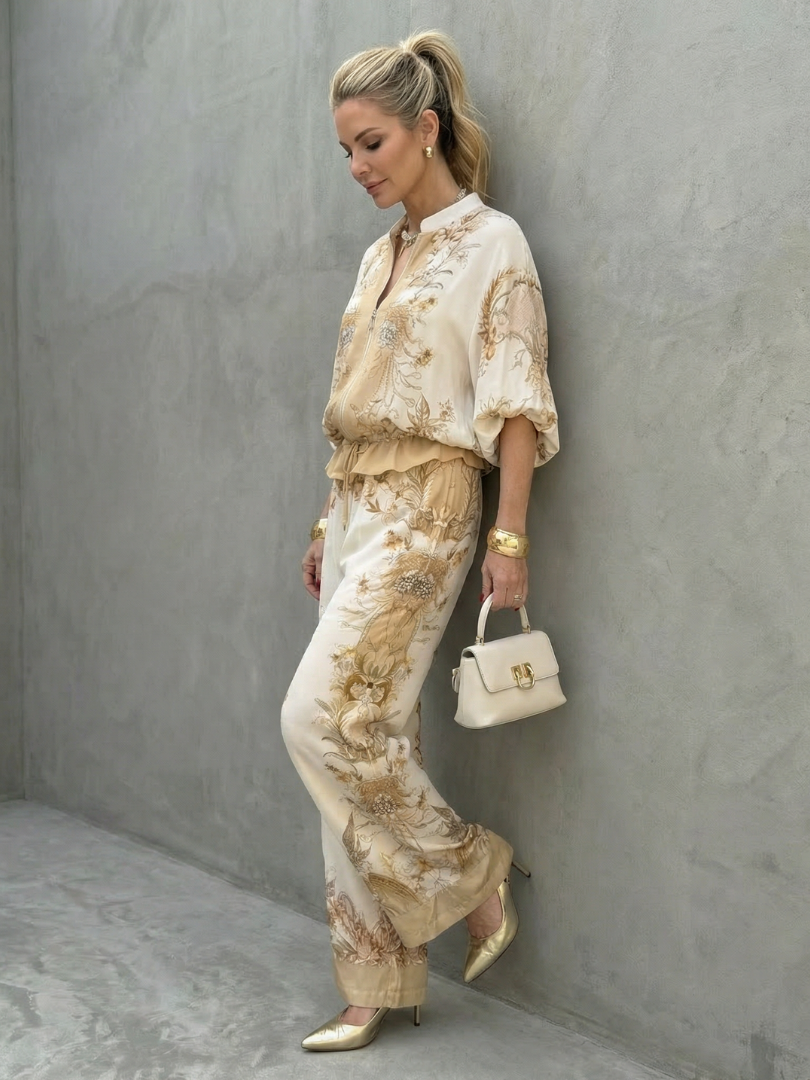 Women's Zip Front Blouson Top Wide Leg Pants Floral 2 Piece Set