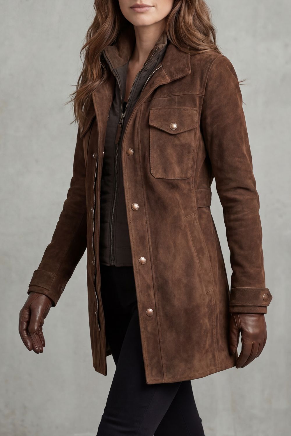 Women's Suede Longline Coat Button-Front Collared Casual Trench