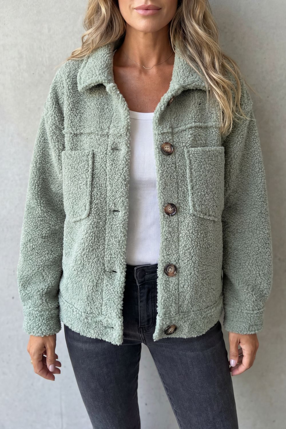 Women's Sherpa Fleece Jacket Button-Up Collared Long Sleeve Casual