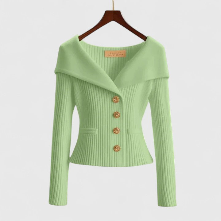 Women's Ribbed Knit Cardigan V-Neck Long Sleeve Button-Front Foldover Collar