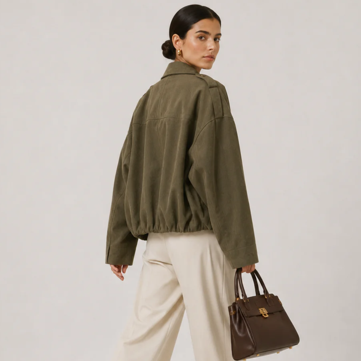 Women's Suede Bomber Jacket Collared Zip-Up Oversized Casual Outerwear