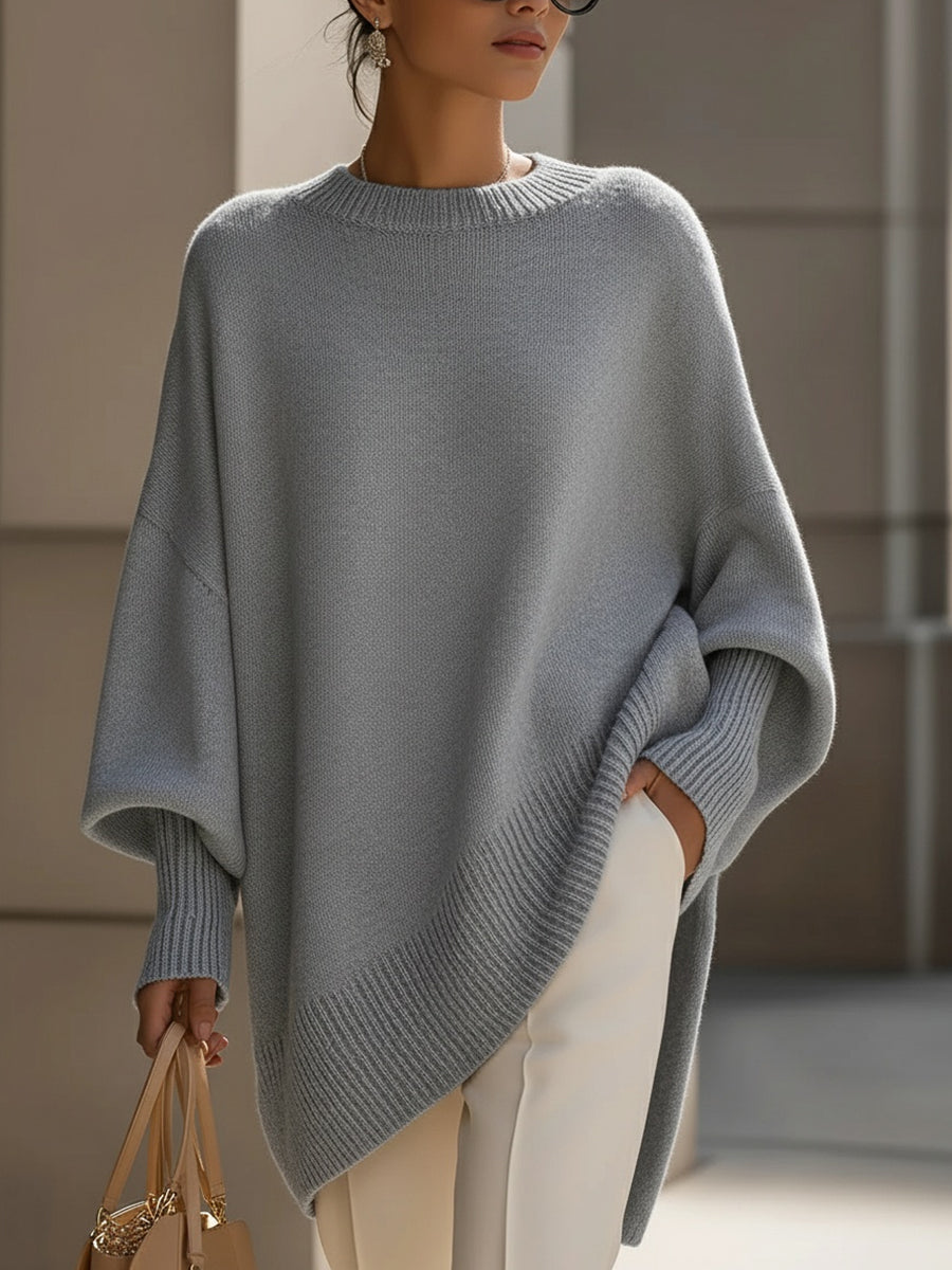 Women's Oversized Knit Sweater Batwing Sleeve Crew Neck Asymmetric Hem Casual