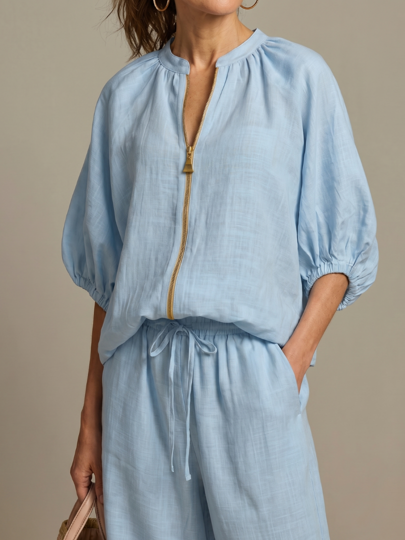 Women's Zip Front Blouson Top Wide Leg Pants Set Light Blue 3/4 Sleeve Casual
