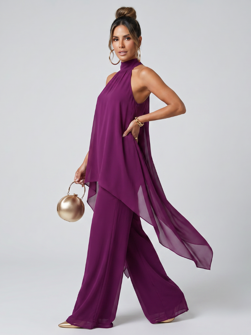 Women's 2 Piece Halter Neck Asymmetric Tunic Top Wide Leg Pants Set