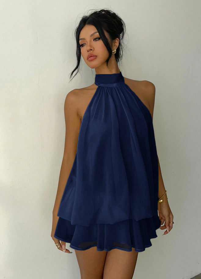 Women's Chiffon Mini Dress Halter Neck Tiered Ruffle Sleeveless Beach Casual