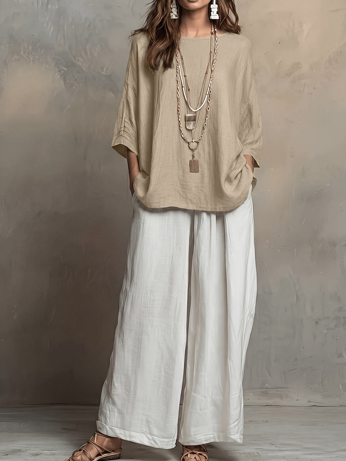Women's 2pc Set Round Neck 3/4 Sleeve Loose Top High-Waist Wide-Leg Pants Casual Vacation