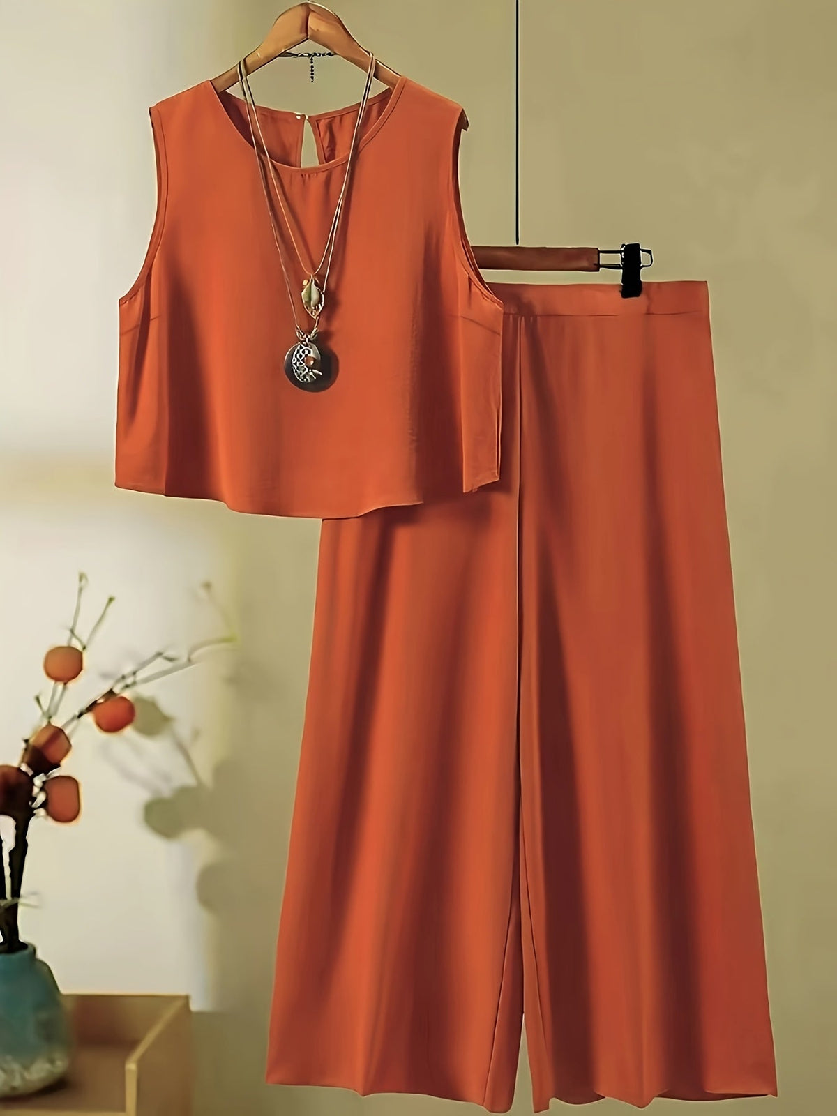 Women's Knit Sweater and Wide-Leg Pants Set Round Neck Long Sleeve Drawstring Casual