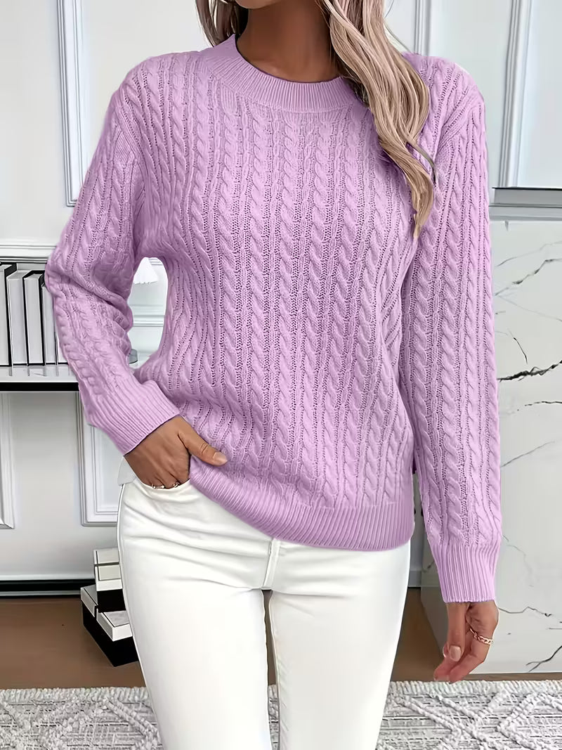 Women's Cable Knit Sweater Crew Neck Long Sleeve Pullover Casual