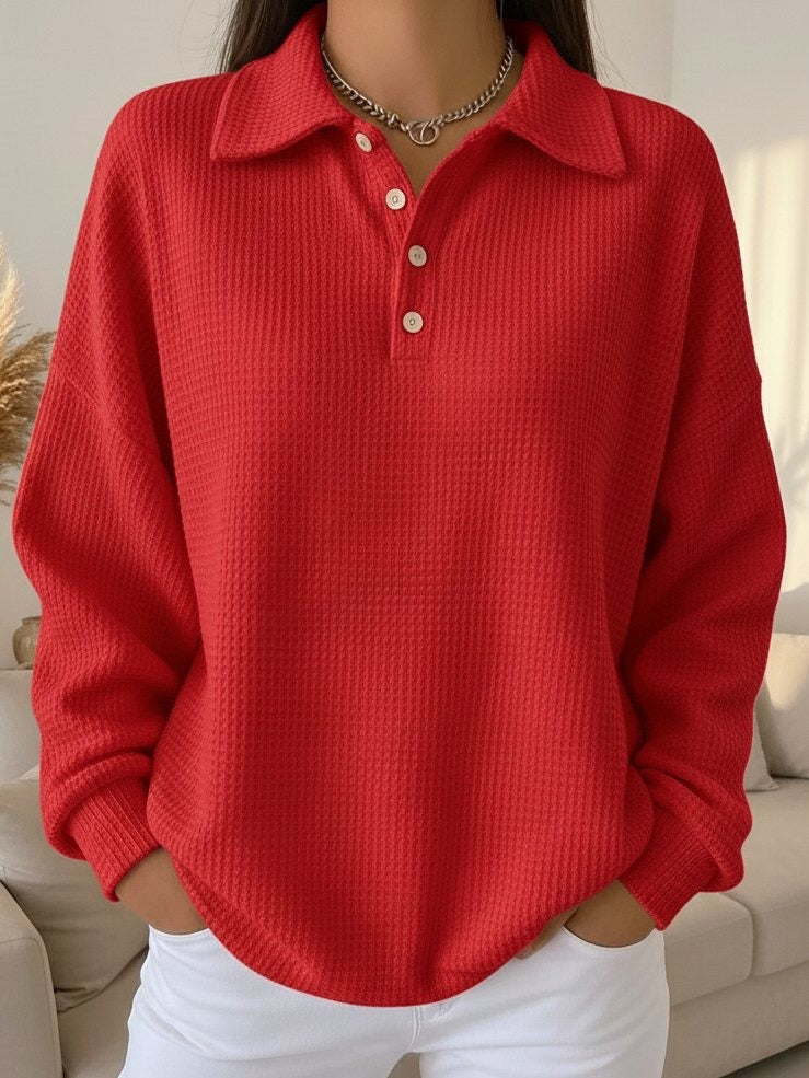 Women's Waffle Knit Polo Sweater Collared Button Long Sleeve Casual Pullover