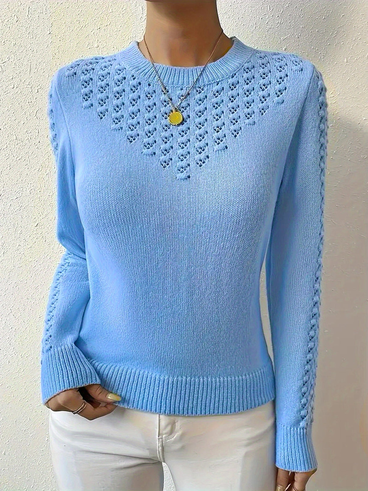Women's Pointelle Crew Neck Sweater Long Sleeve Knit Casual Pullover