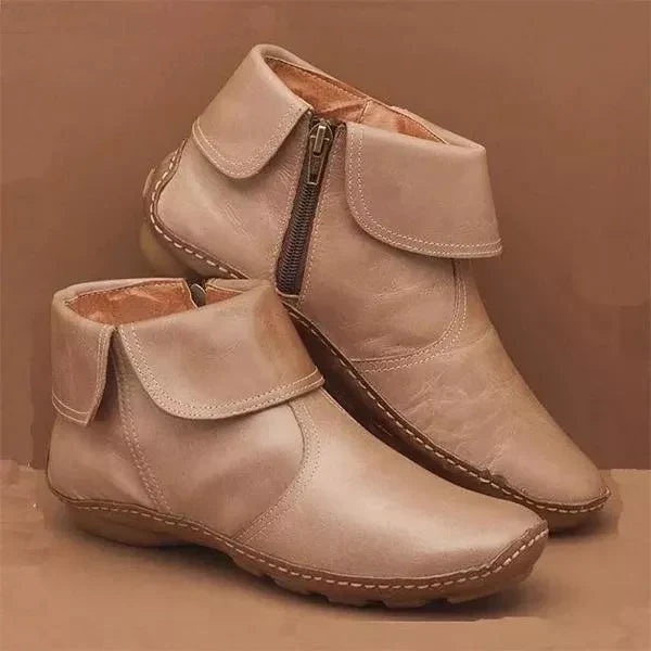 Women's Vintage Ankle Boots Side Zip Fold-Over Cuff Leather Casual