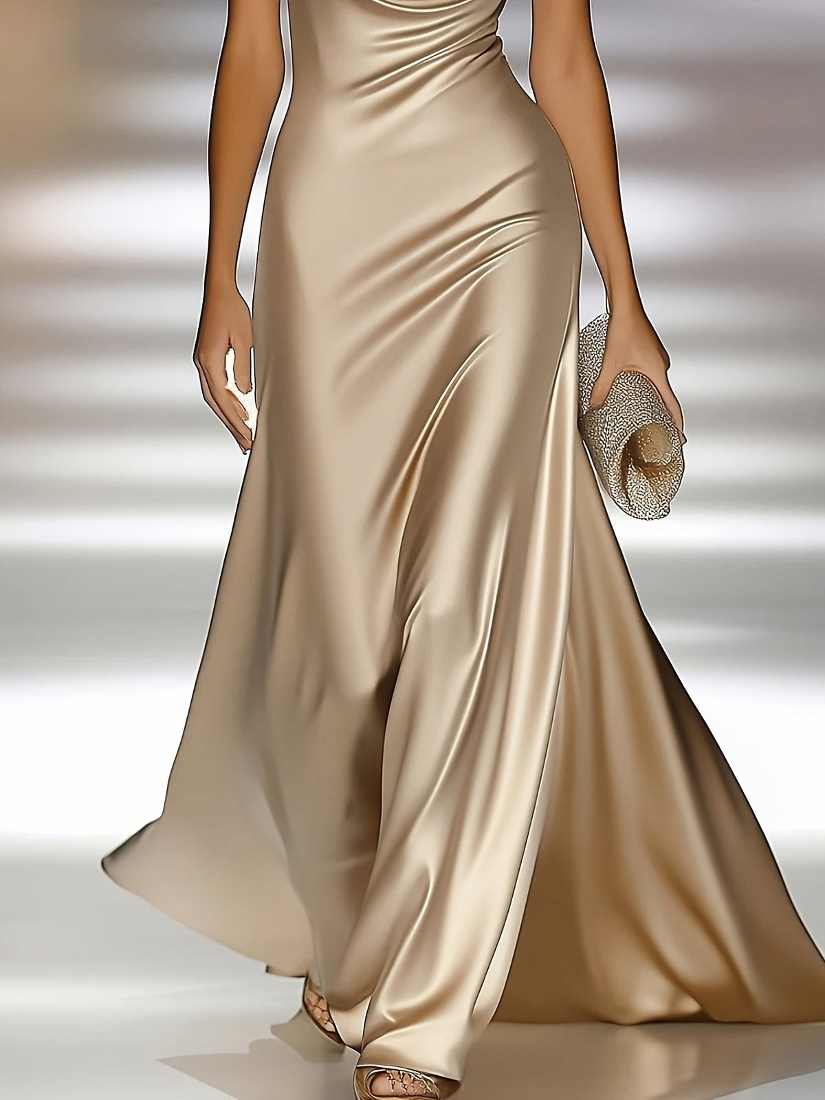 Women's Satin Maxi Dress Cowl Neck Backless Sleeveless Champagne Formal Evening Gown