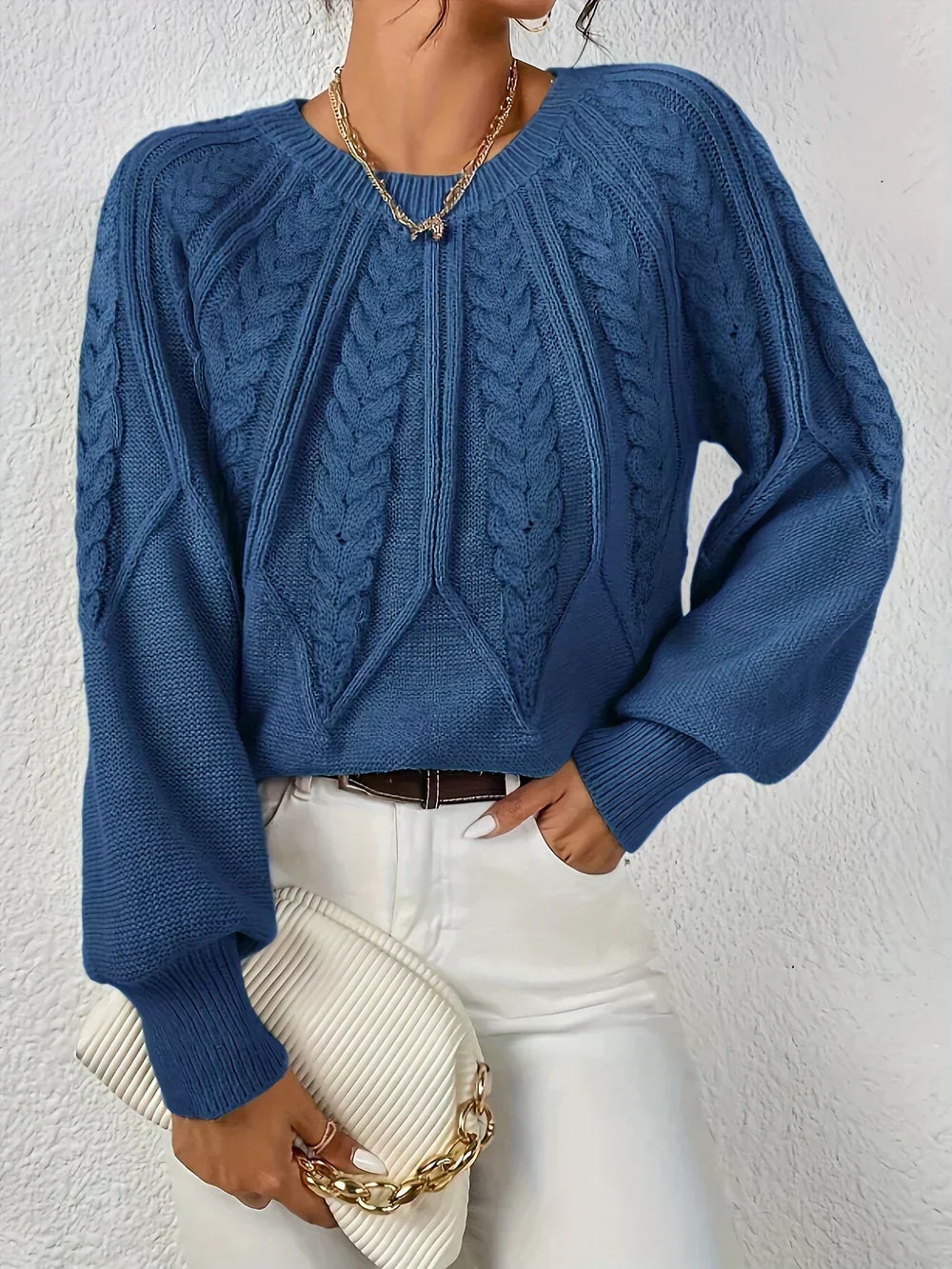 Women's Cable Knit Sweater Round Neck Long Sleeve Raglan Pullover Casual