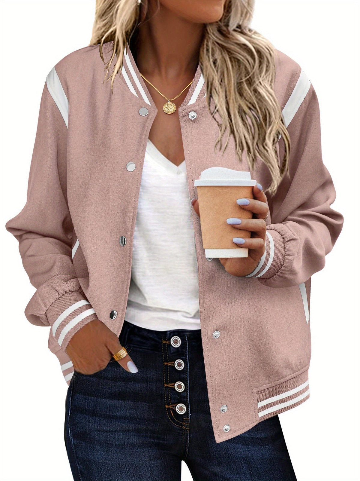 Women's Bomber Jacket Contrast Stripe Varsity Stand Collar Snap Button Casual Wear