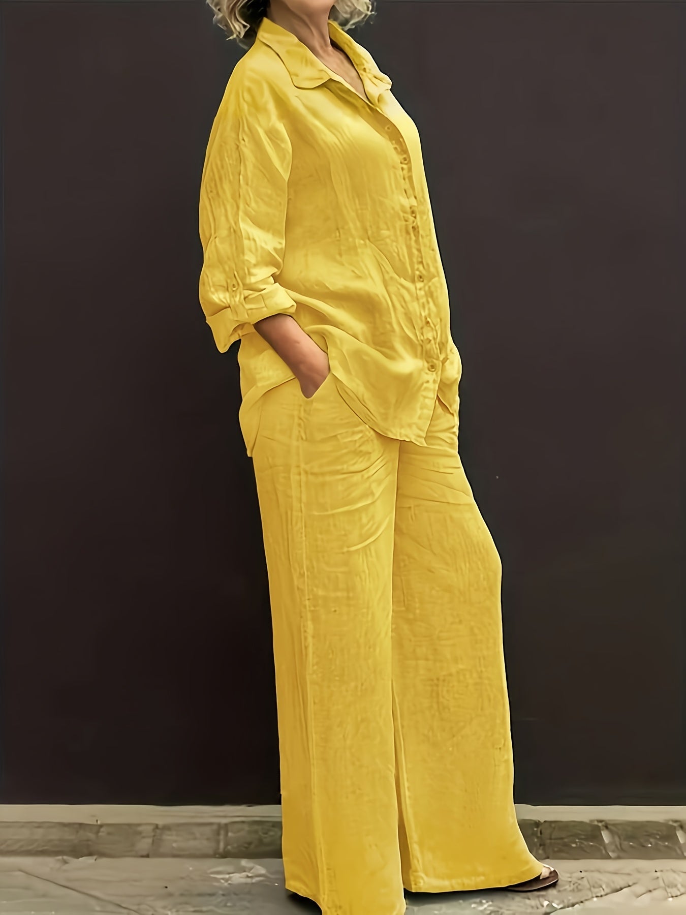 Women's Button Down Shirt and Wide-Leg Pants Set Collar Long Sleeve Slim Fit Casual Outfit