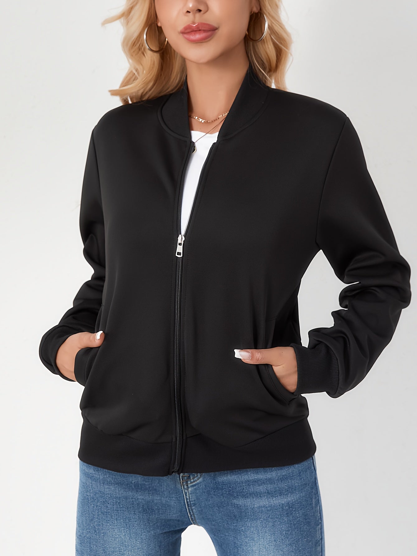 Women's Bomber Jacket Solid Black Zip-Up Stand Collar Long Sleeve Pocket Casual Outerwear