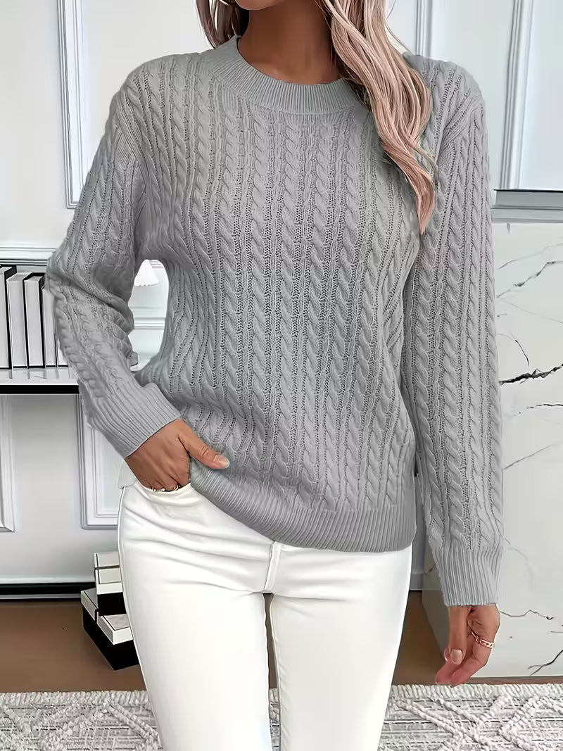 Women's Cable Knit Sweater Crew Neck Long Sleeve Pullover Casual