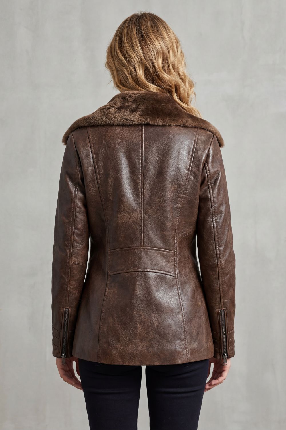 Women's Shearling-Lined Leather Jacket Fur Collar Zip-Up Brown Winter Coat