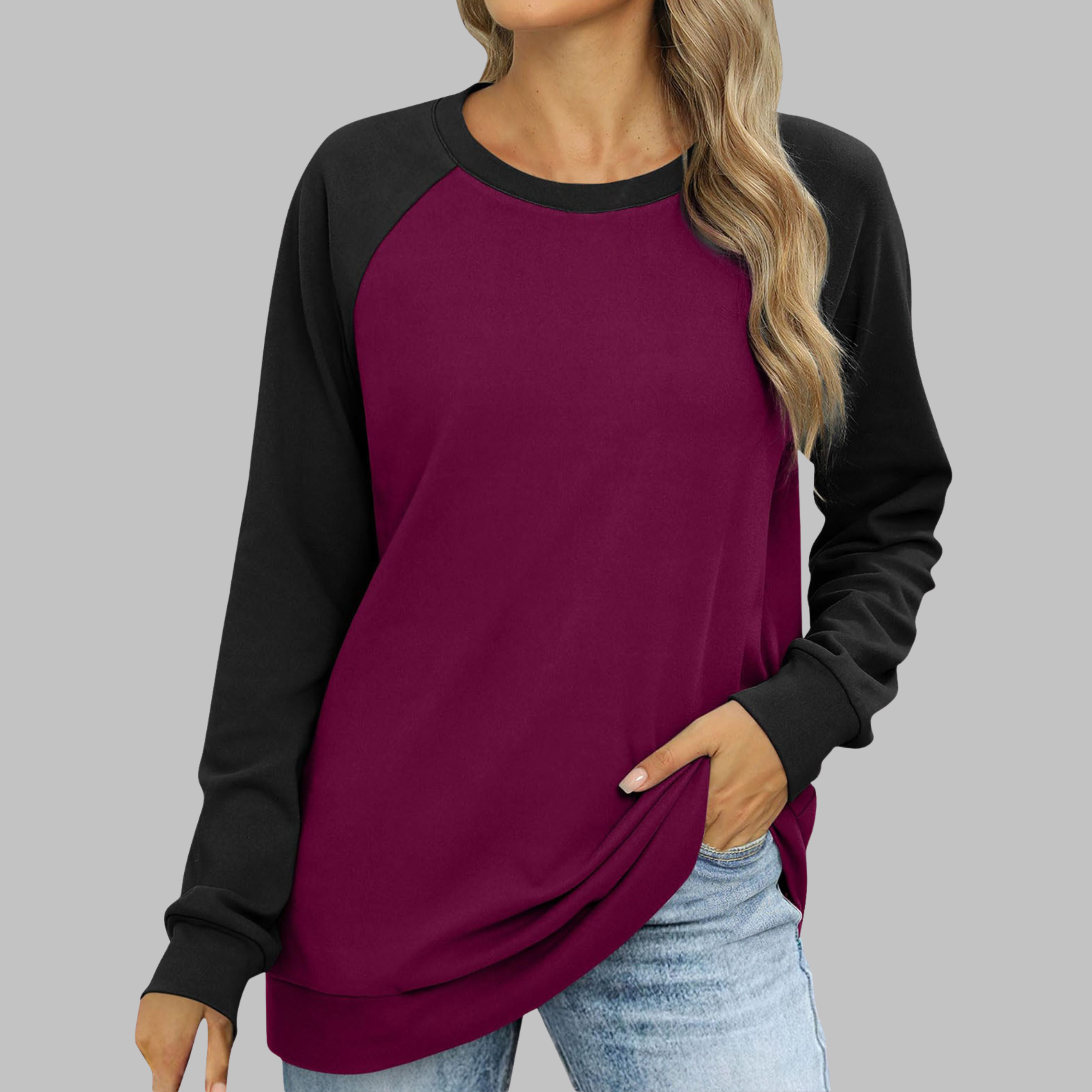 Women's Raglan Crewneck Sweatshirt Color Block Long Sleeve Pullover Casual Top