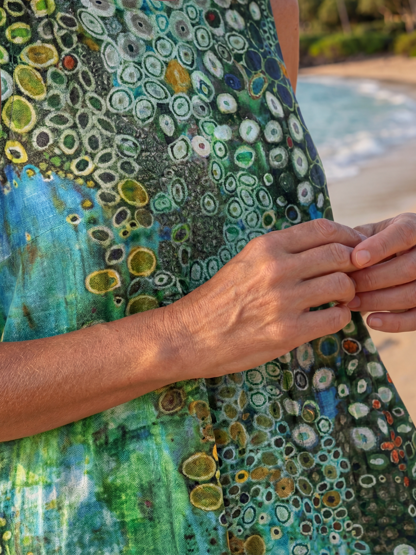 Women's Sleeveless Midi Dress Green Ocean Mosaic Print Round Neck Beach Casual