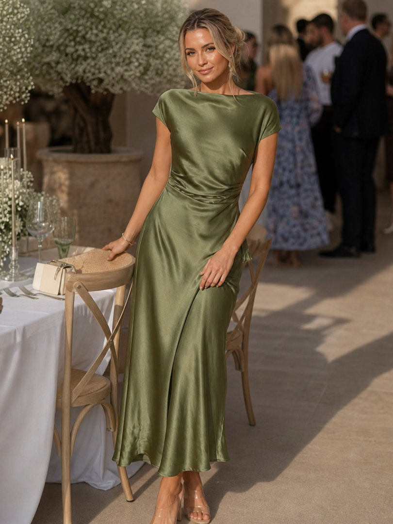 Women's Boat Neck Midi Dress Short Sleeve Ruched Waist Satin Wedding Guest
