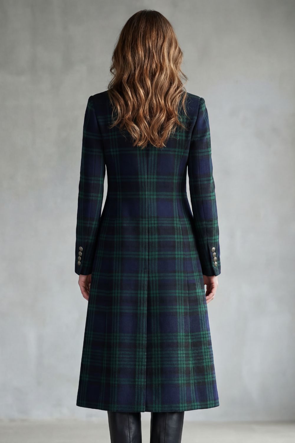Women's Tartan Plaid Long Coat Stand Collar Button-Front Wool Blend Winter