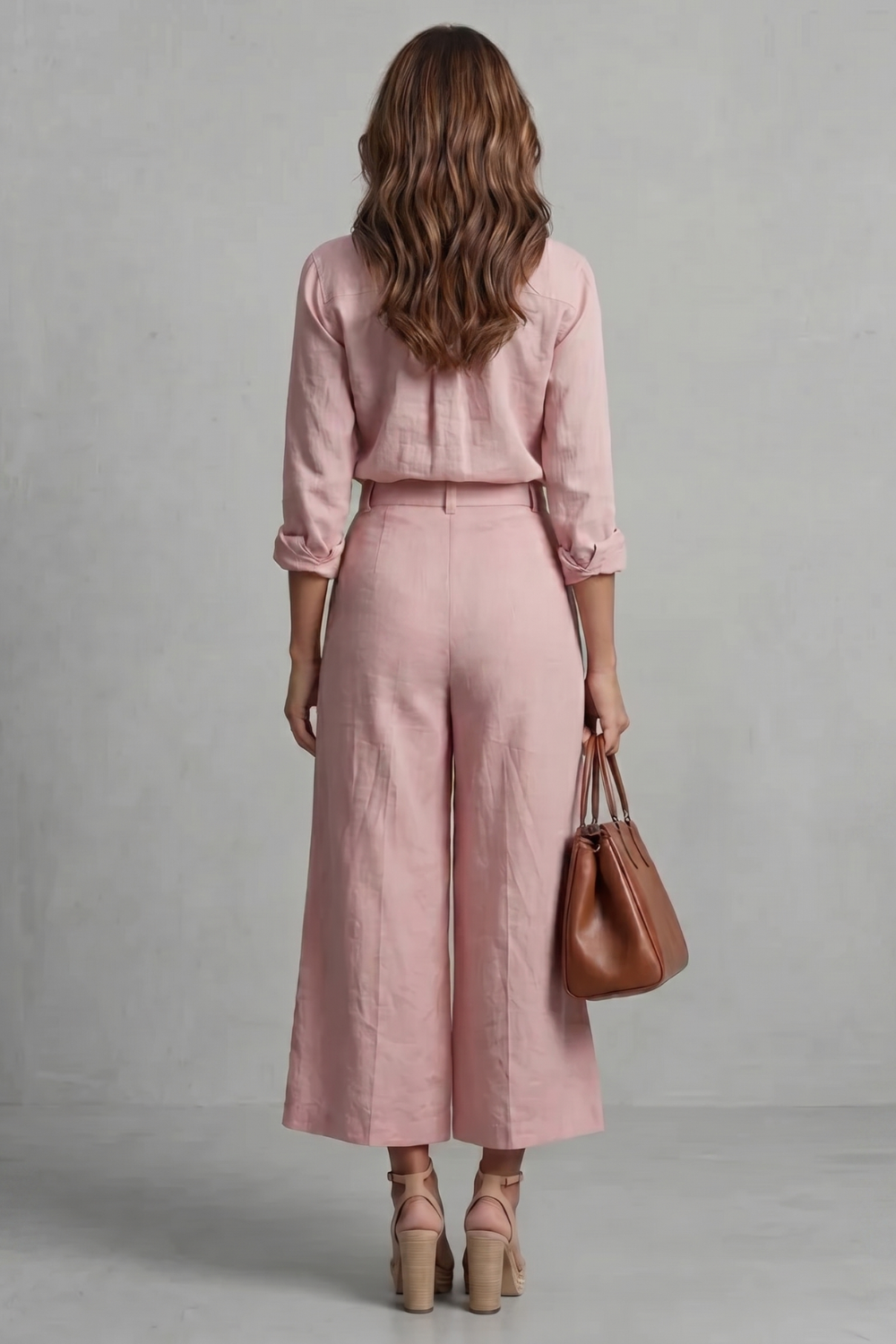 Women's Wide-Leg Co-Ord Set Pink Linen Long Sleeve Button-Up Shirt Culottes