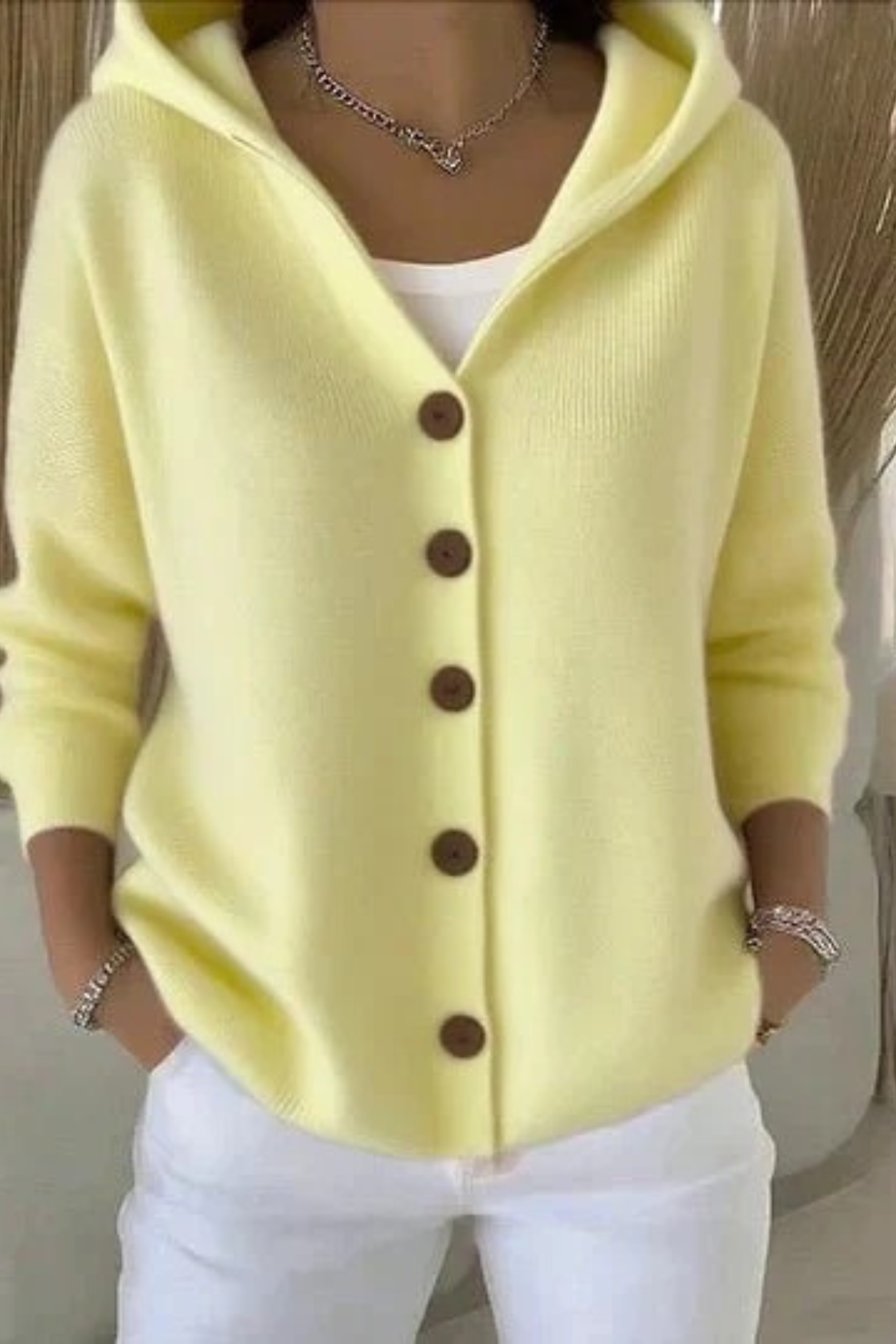 Women's Hooded Button-Front Cardigan Long Sleeve V-Neck Knit Everyday