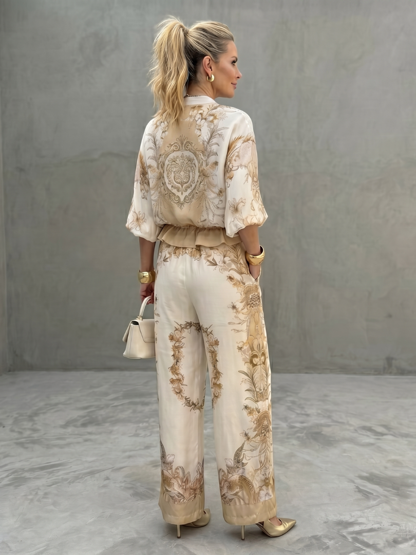 Women's Zip Front Blouson Top Wide Leg Pants Floral 2 Piece Set