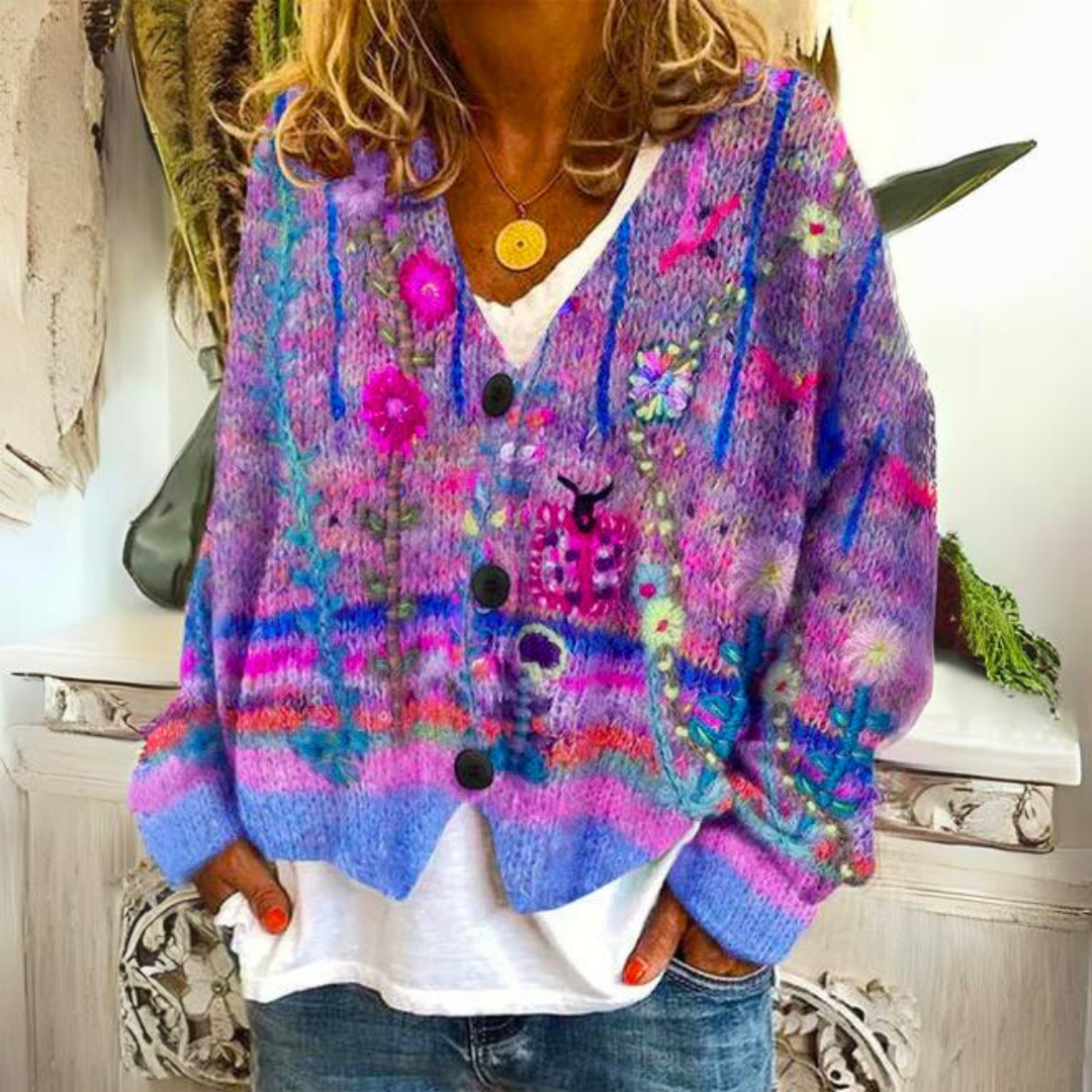 Women's Floral Embroidered Cardigan V-Neck Button Knit Sweater