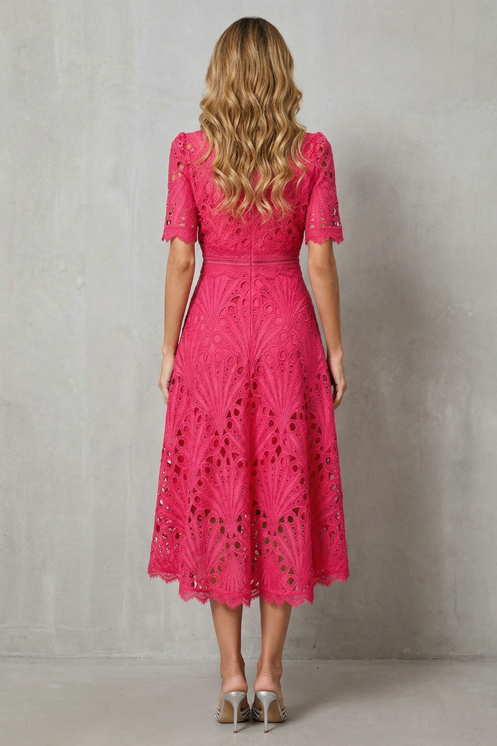 Women's Lace Midi Dress High Neck Short Sleeve Eyelet A-Line Cocktail Party
