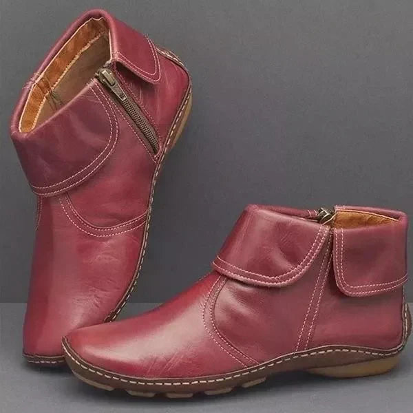 Women's Vintage Ankle Boots Side Zip Fold-Over Cuff Leather Casual