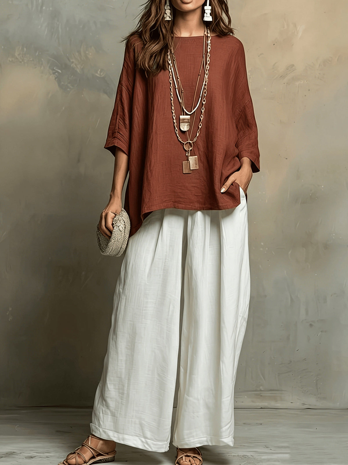 Women's 2pc Set Round Neck 3/4 Sleeve Loose Top High-Waist Wide-Leg Pants Casual Vacation