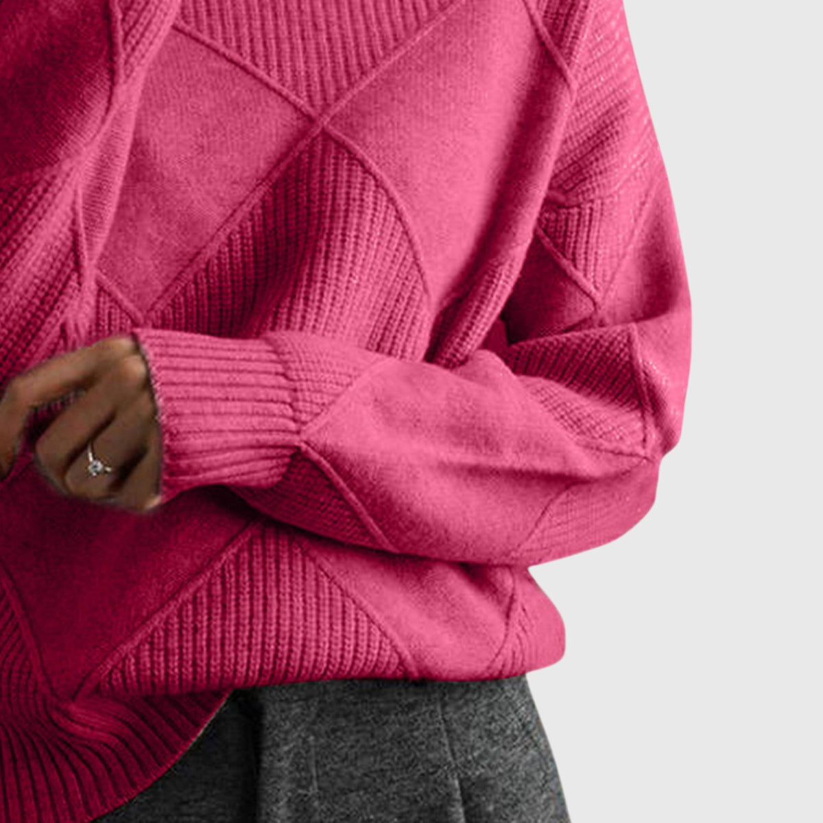Women's Turtleneck Sweater Argyle Textured Long Sleeve Knit Pullover Winter