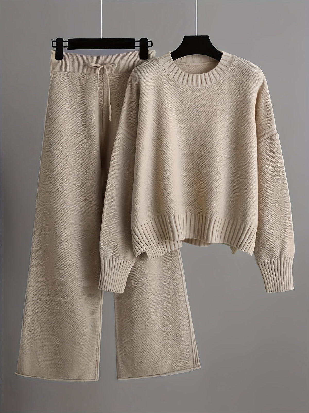 Women's Knit Sweater and Wide-Leg Pants Set Round Neck Long Sleeve Drawstring Casual