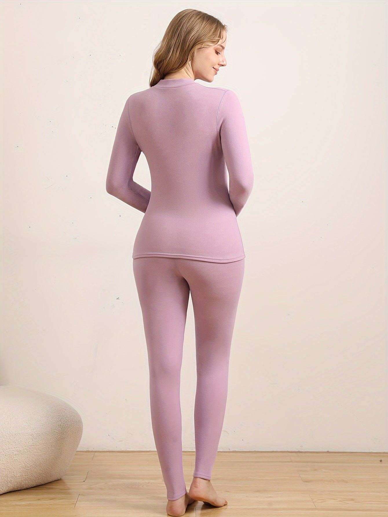 Women's Fleece-Lined Thermal Underwear Set High-Neck Long Sleeve Top and Pants 2pcs