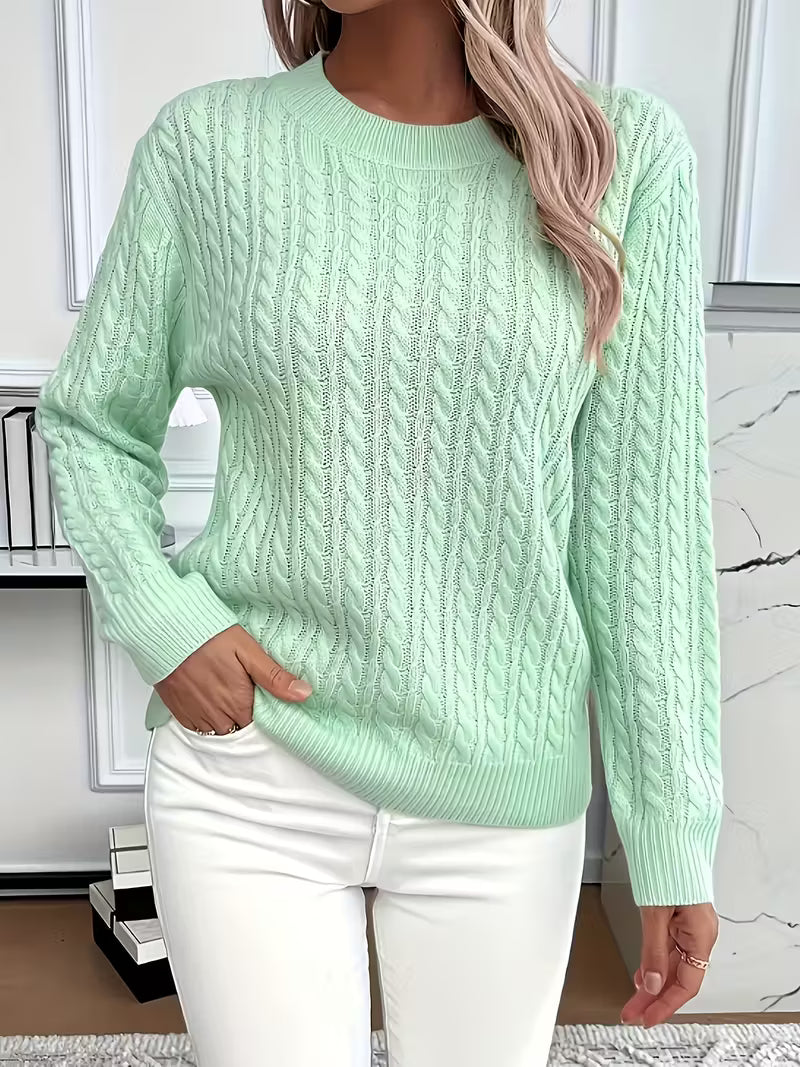 Women's Cable Knit Sweater Crew Neck Long Sleeve Pullover Casual