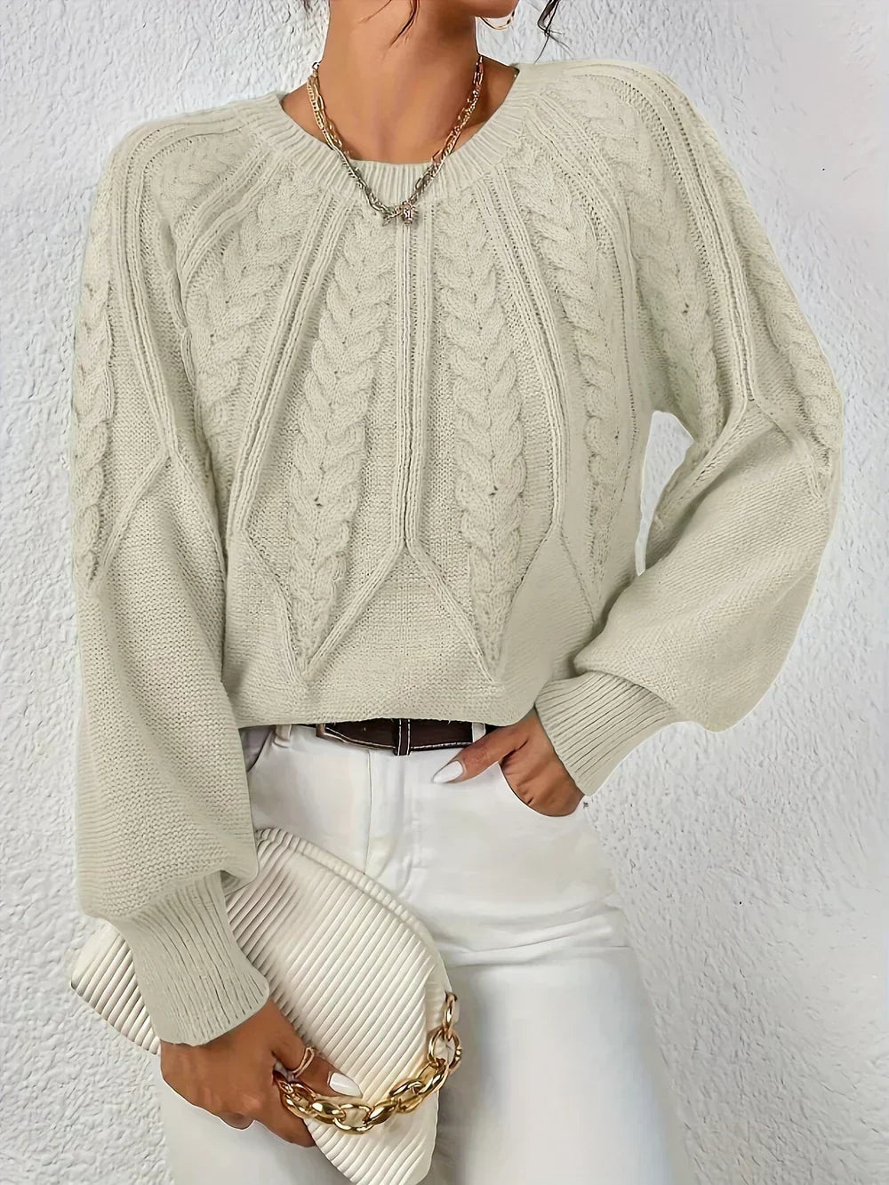 Women's Cable Knit Sweater Round Neck Long Sleeve Raglan Pullover Casual