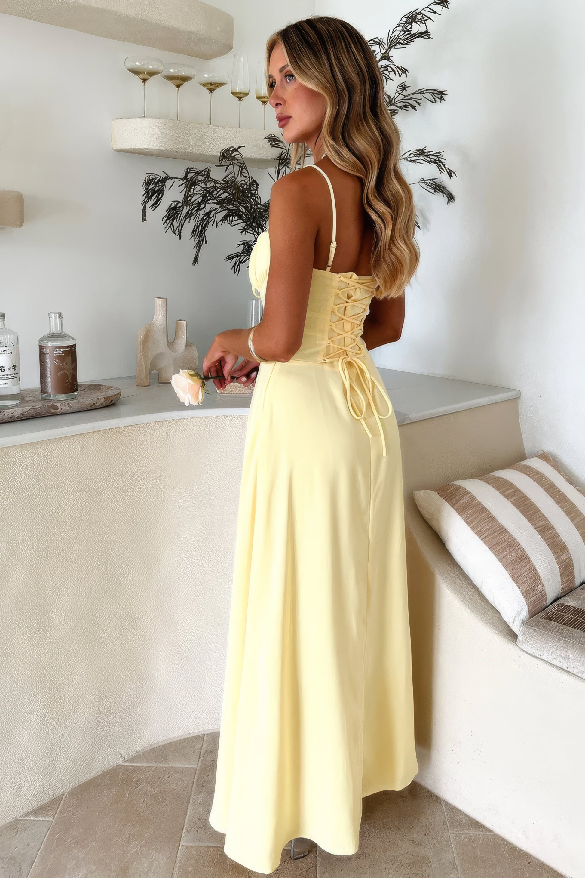 Women's Maxi Dress Spaghetti Strap Corset Bodice Sweetheart Neck Tie Front