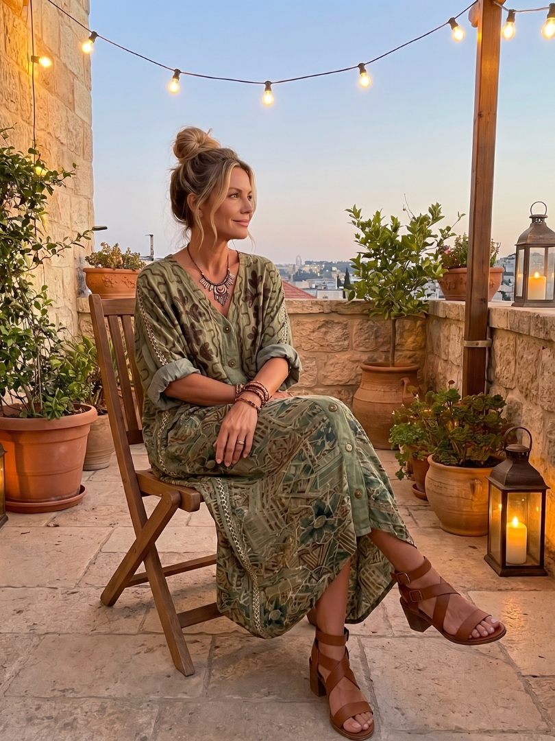 Women's Embroidered Midi Dress V-Neck Button Front Pocket Boho Floral Olive Green