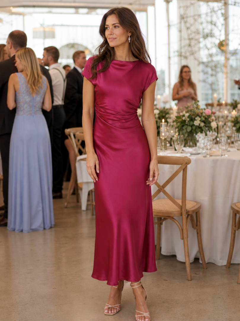 Women's Boat Neck Midi Dress Short Sleeve Ruched Waist Satin Wedding Guest