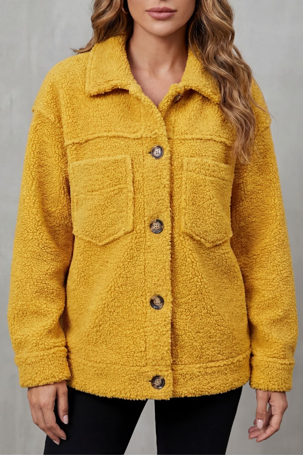 Women's Sherpa Fleece Jacket Button-Up Collared Long Sleeve Casual