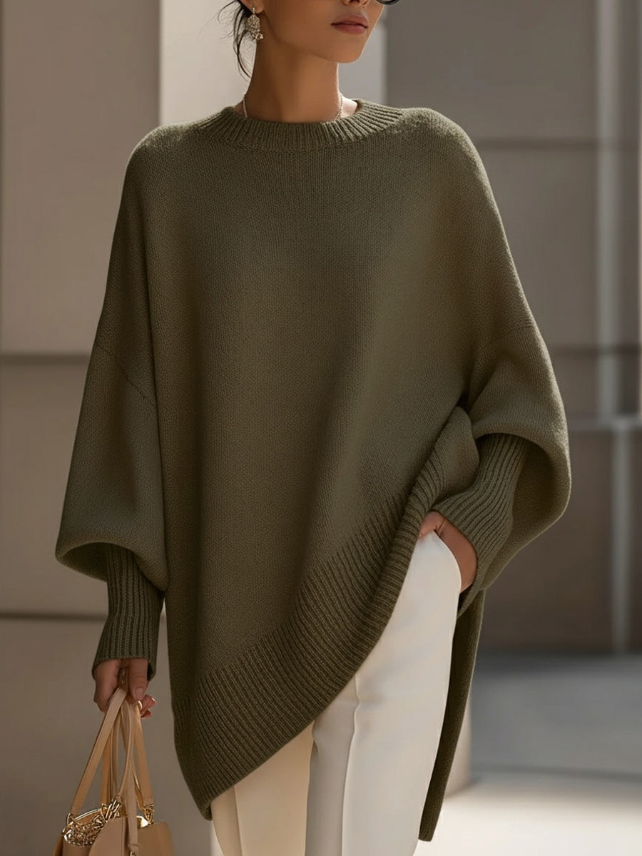 Women's Oversized Knit Sweater Batwing Sleeve Crew Neck Asymmetric Hem Casual