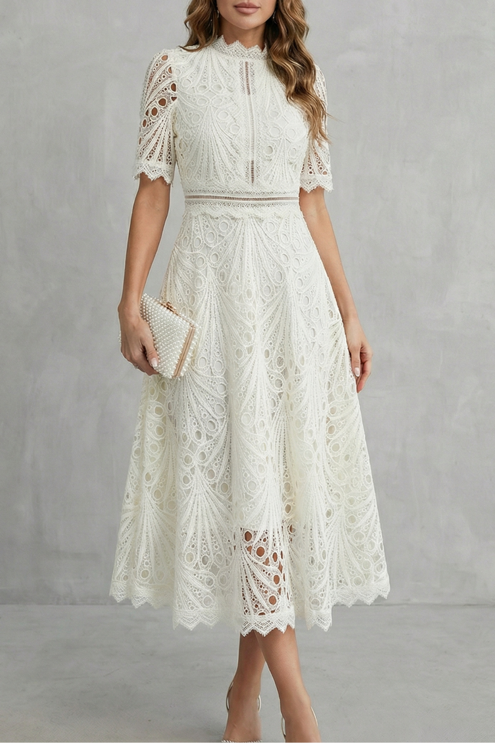 Women's Lace Midi Dress High Neck Short Sleeve Eyelet A-Line Cocktail Party