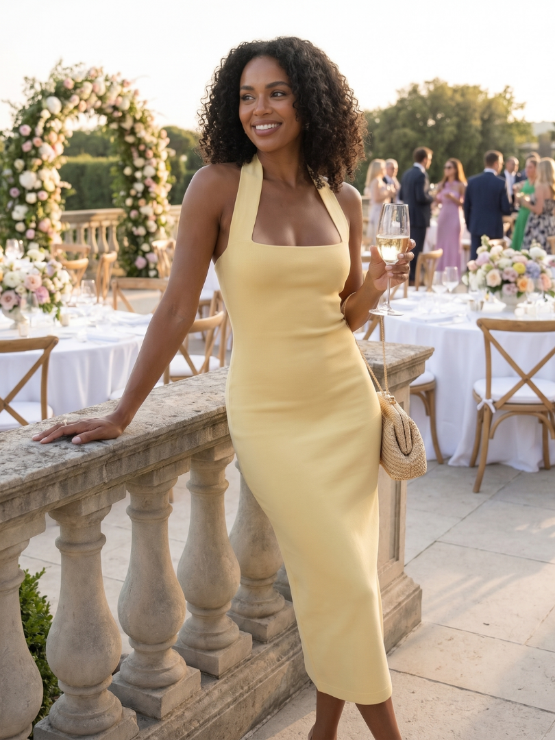 Women's Halter Neck Bodycon Midi Dress Square Neckline Sleeveless Cocktail Dress