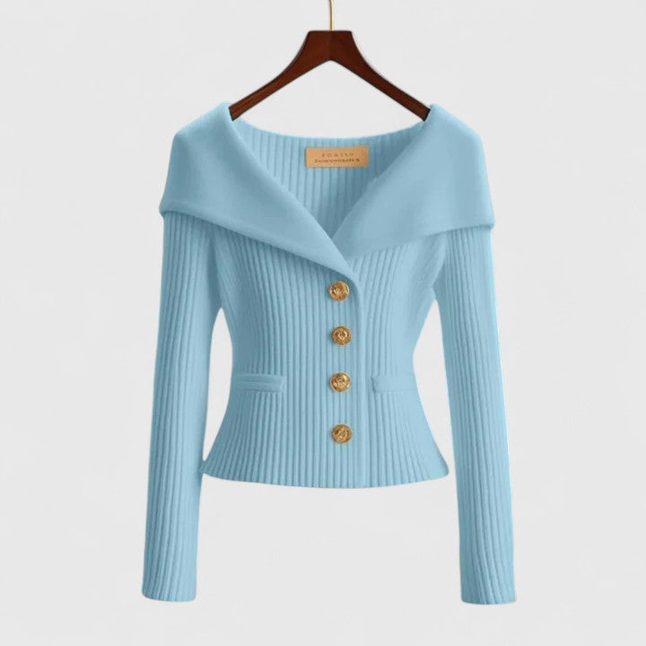 Women's Ribbed Knit Cardigan V-Neck Long Sleeve Button-Front Foldover Collar