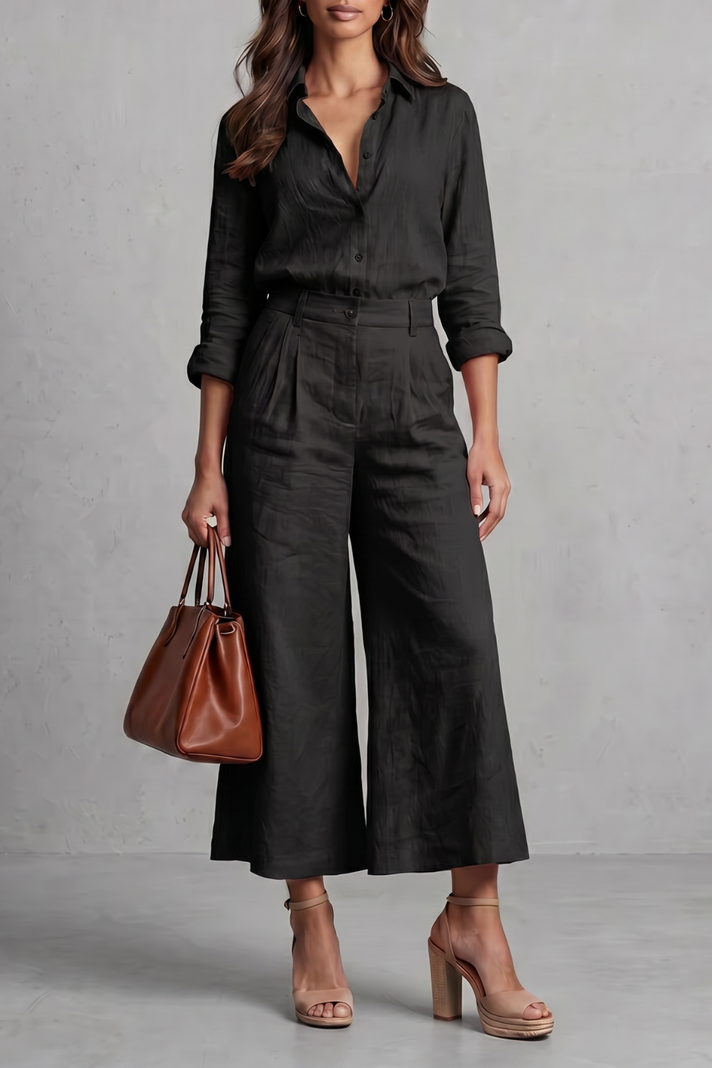 Women's Wide-Leg Co-Ord Set Pink Linen Long Sleeve Button-Up Shirt Culottes