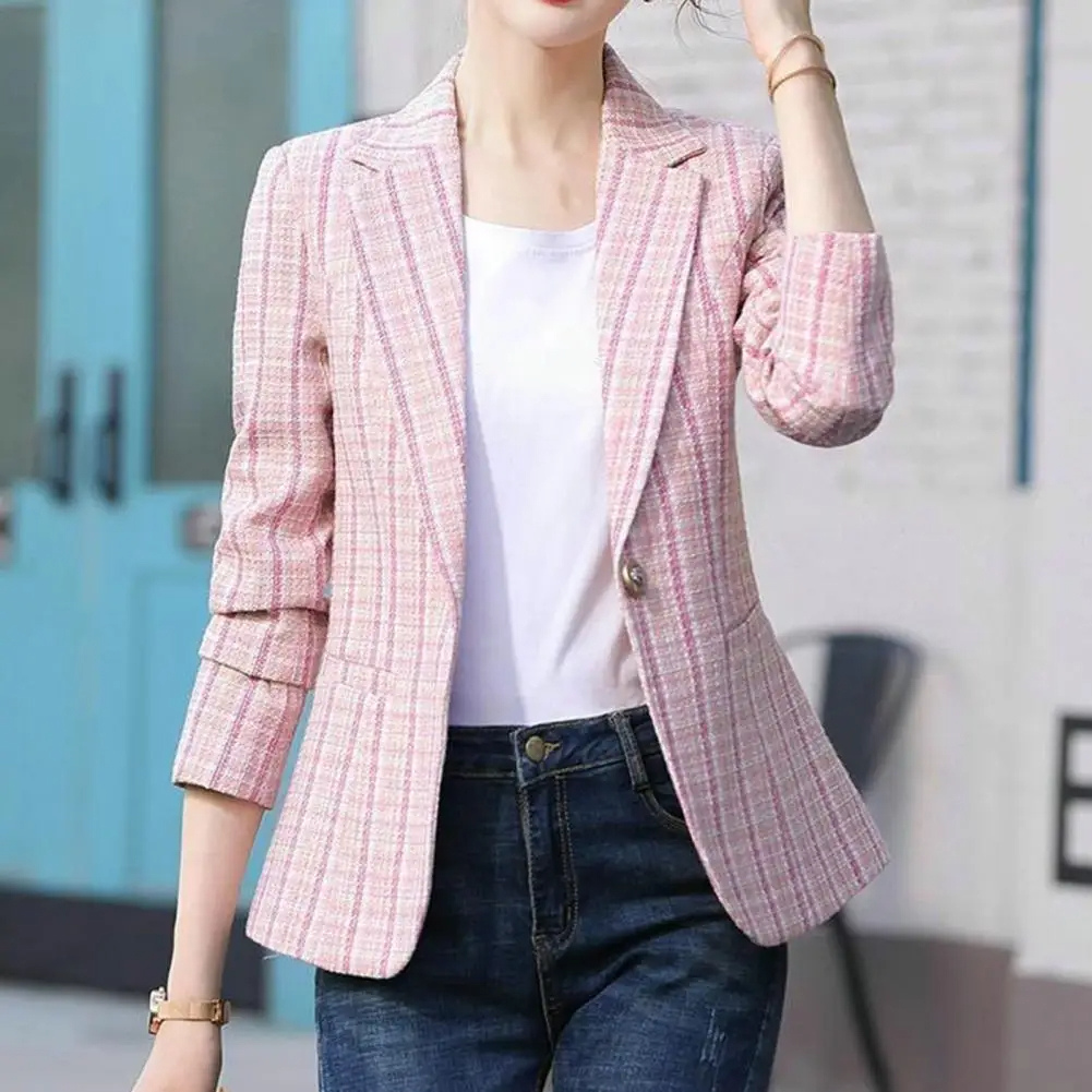 Women's Plaid Blazer Single-Button Notched Lapel Long Sleeve Slim Fit Office Jacket