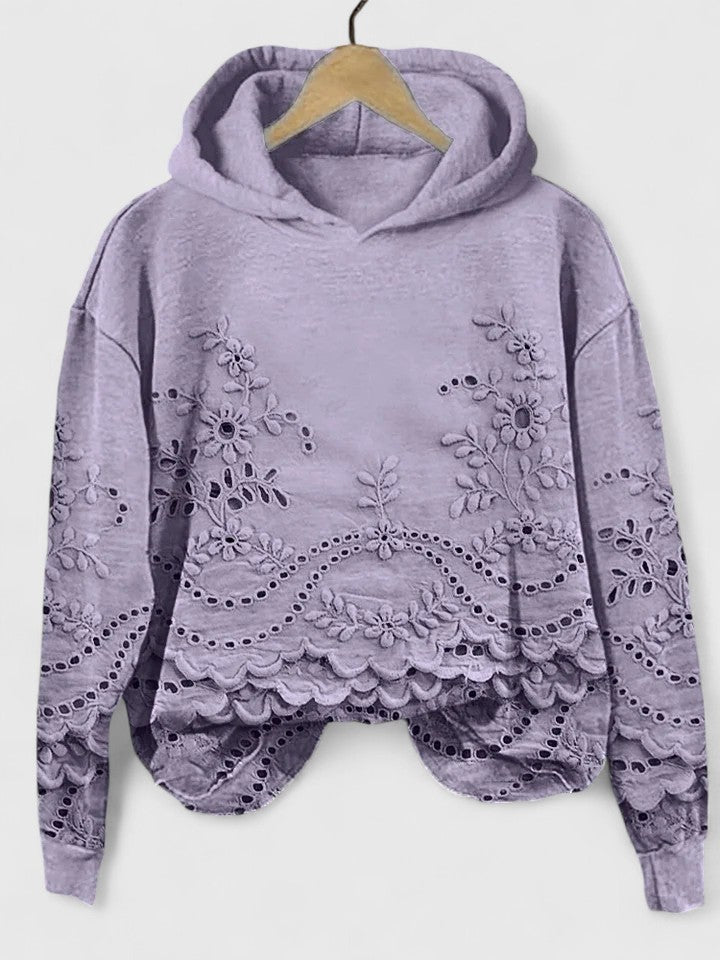 Women's Floral Embroidered Eyelet Lace Hoodie Long Sleeve Scalloped Hem Casual