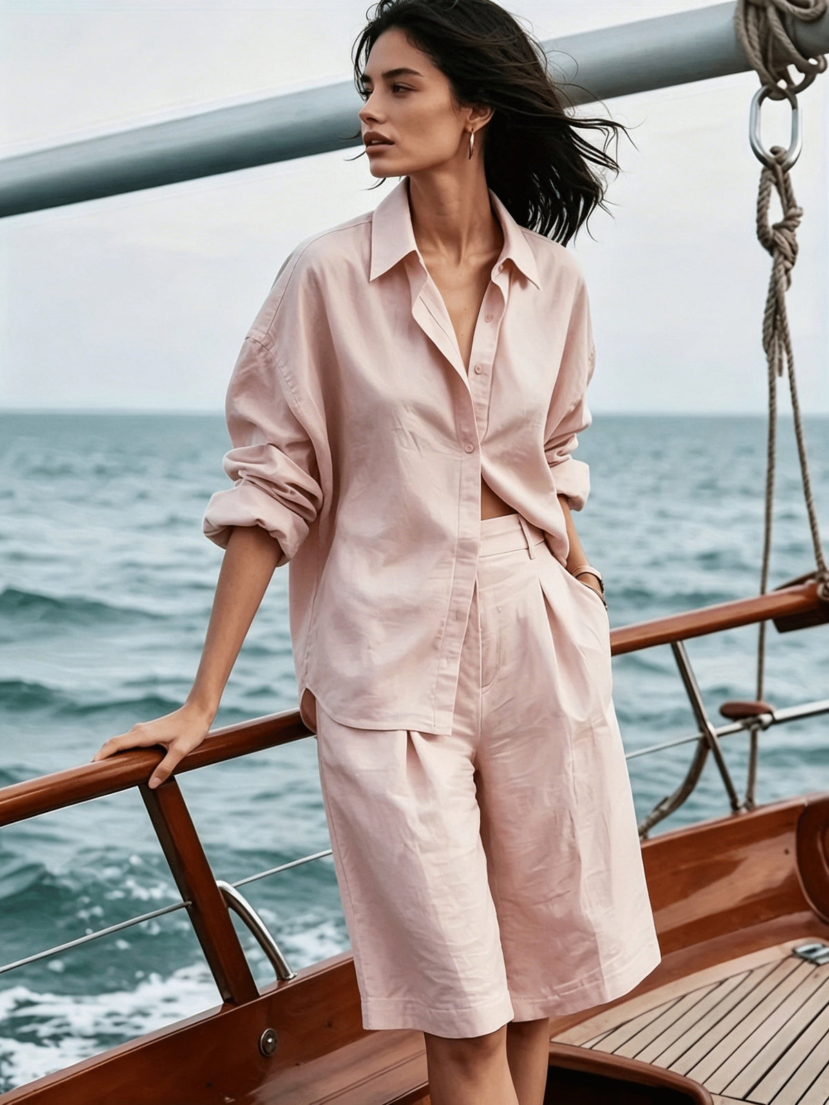 Women's Casual Set Solid Color Button-Up Shirt Long Sleeve Collared Bermuda Shorts
